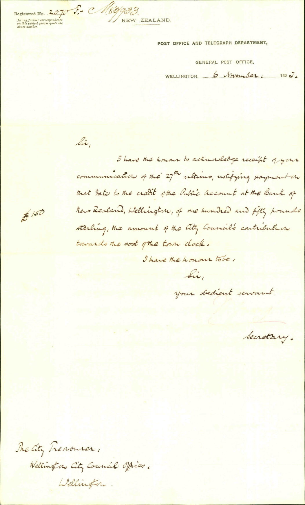 Acknowledging receipt of &pound;150 towards erection of new Post Office Clock - Post Office Department