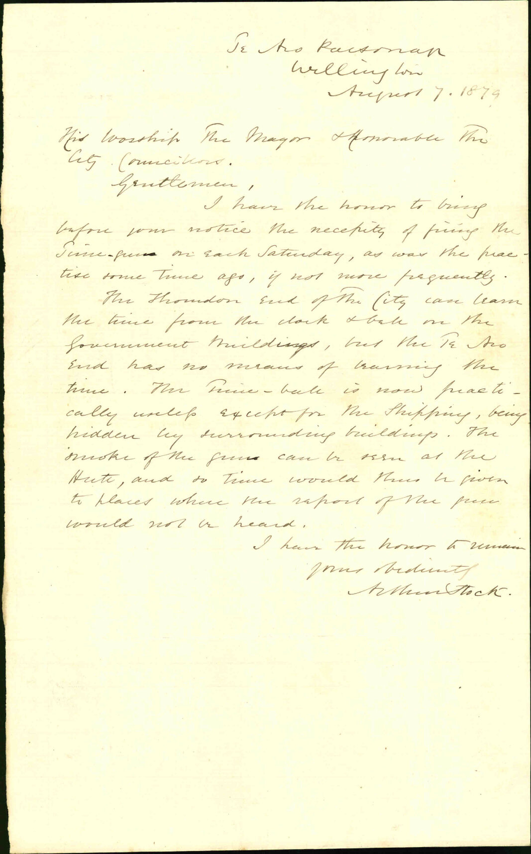 Re request that the time gun be fired each Saturday to allow citizens to synchronize their clocks - A Stock