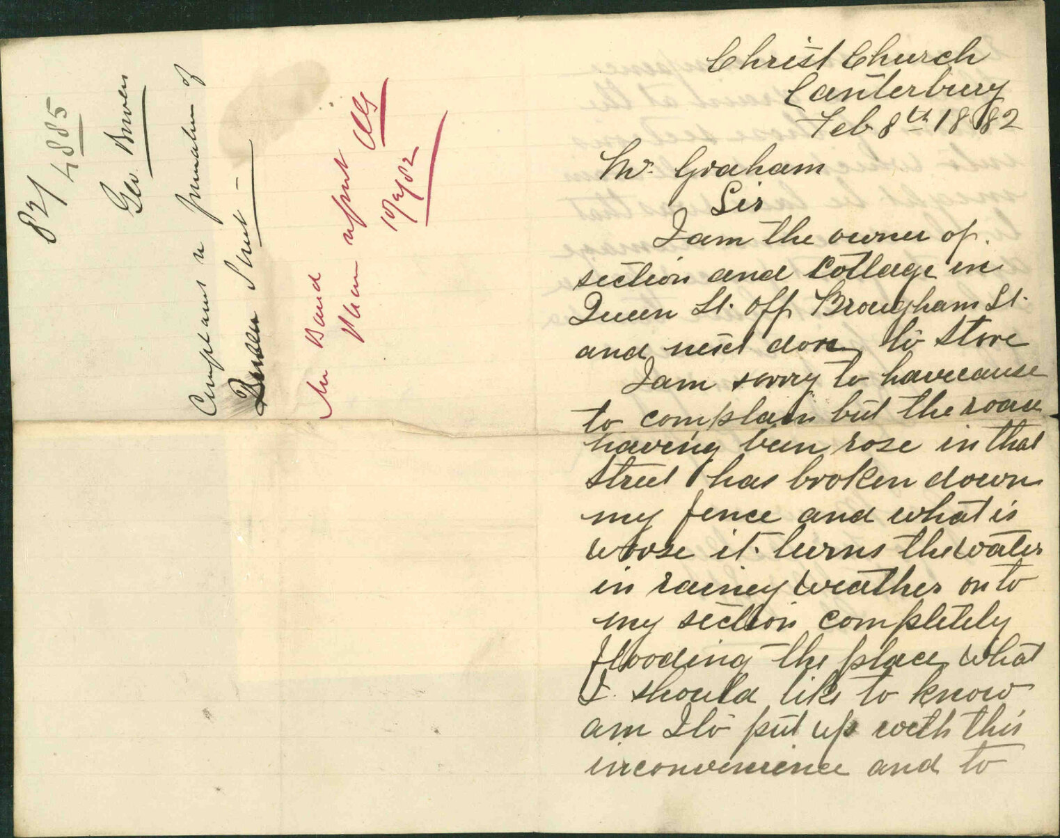 George Bowen, complaint as to formation of Queen Street