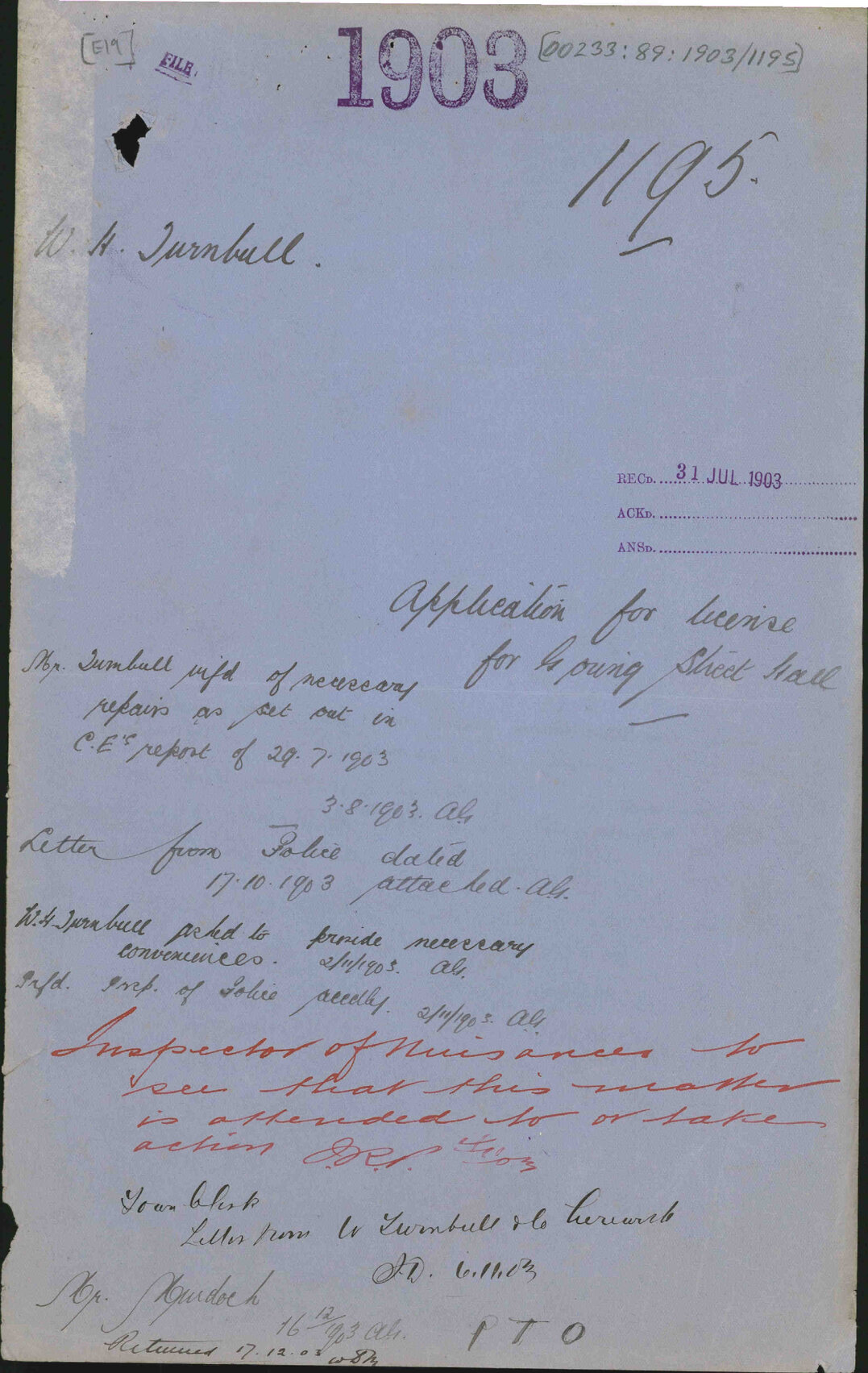 Application for license for Goring Street Hall, W H Turnbull