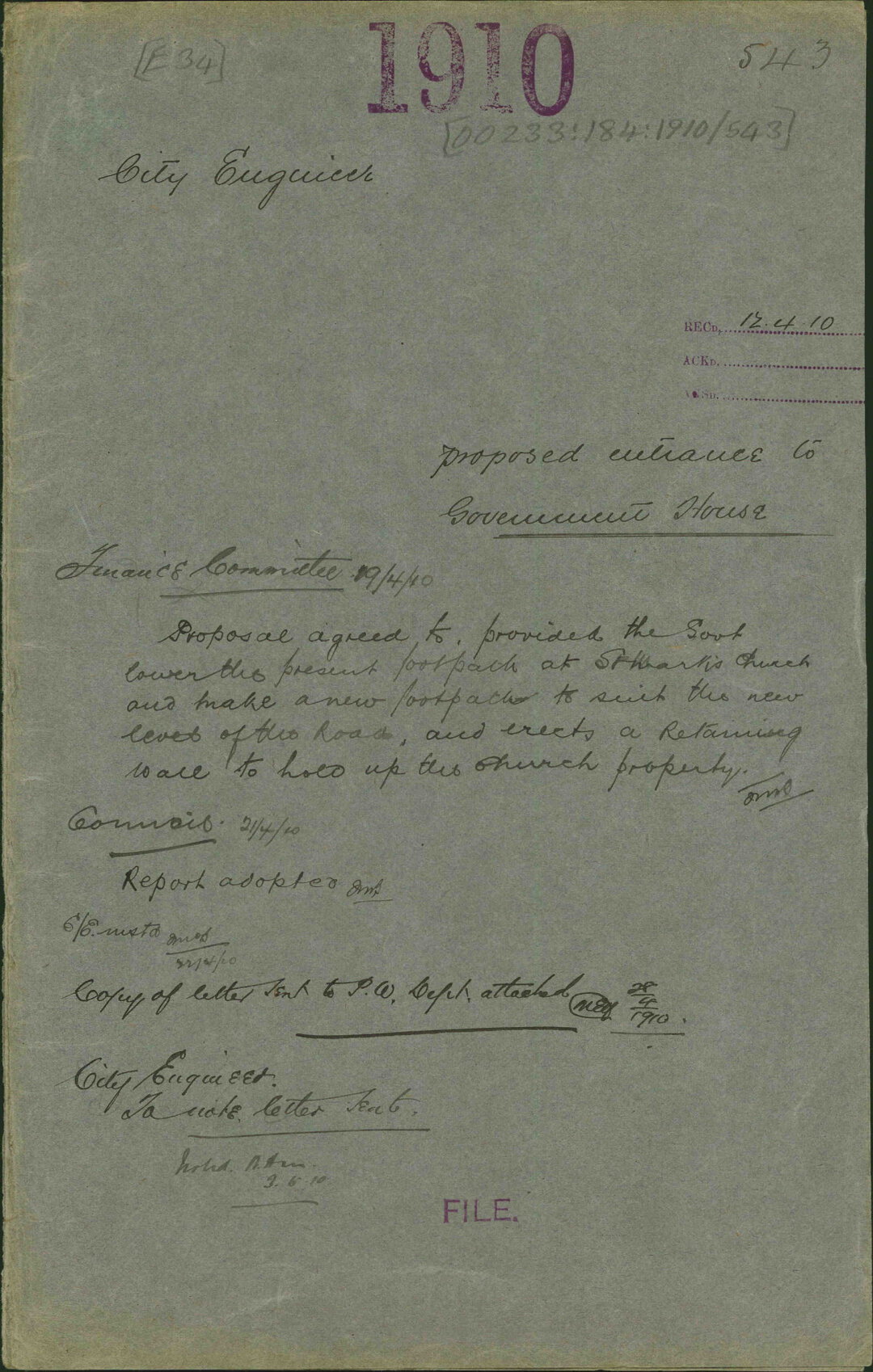 Proposed entrance to Government House - City Engineer