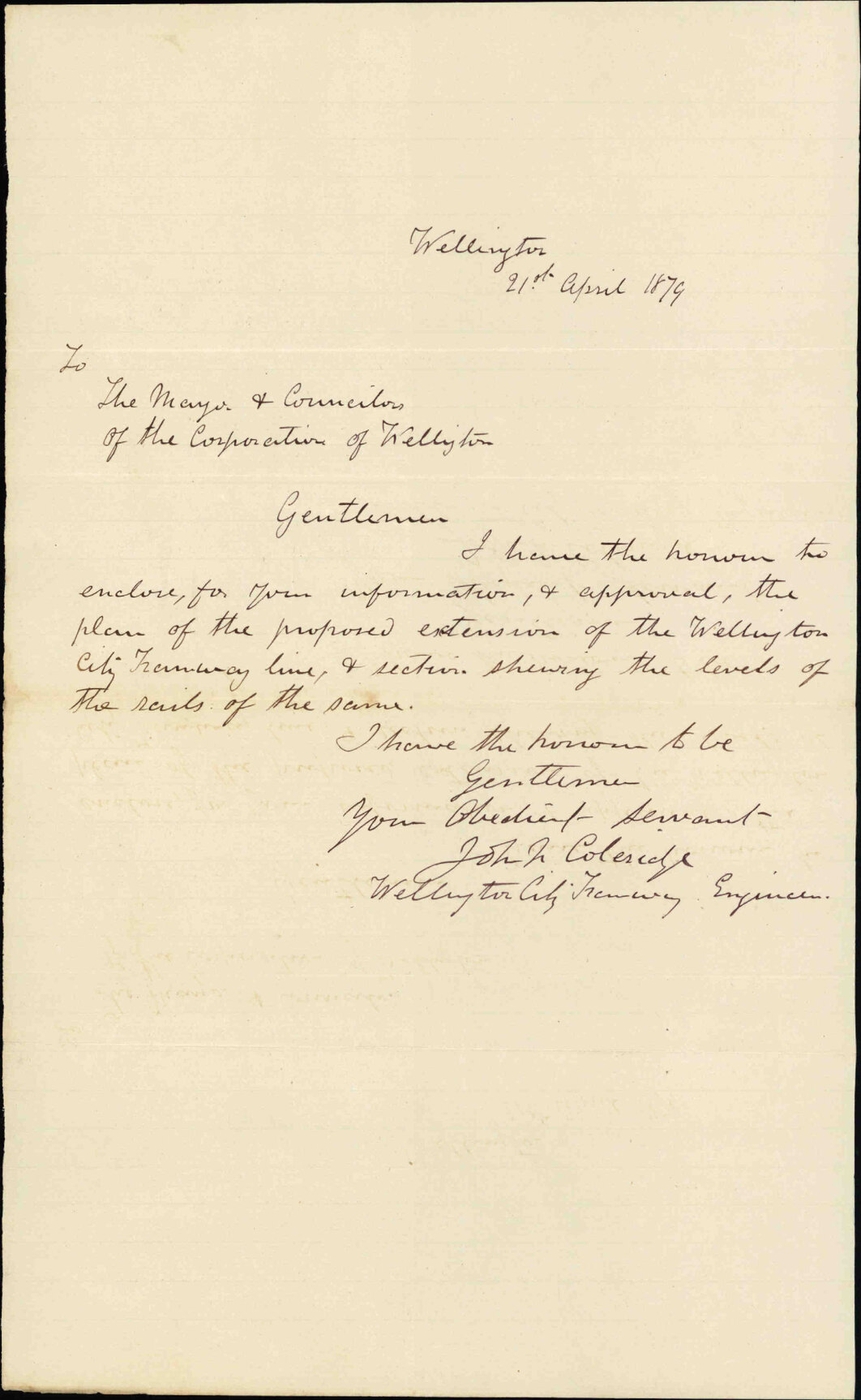 Re information of extension of tram line in Newtown - John Coleridge, Wellington City Tramway Engineer
