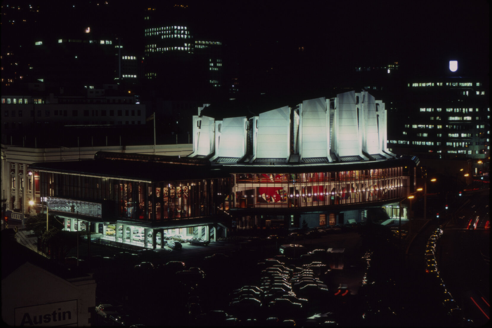 Michael Fowler Centre, illuminated at night