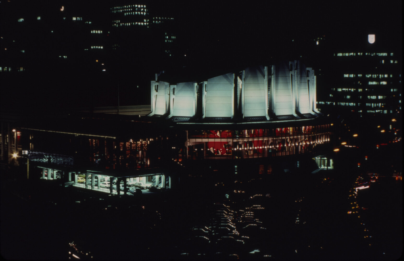 Michael Fowler Centre, illuminated at night