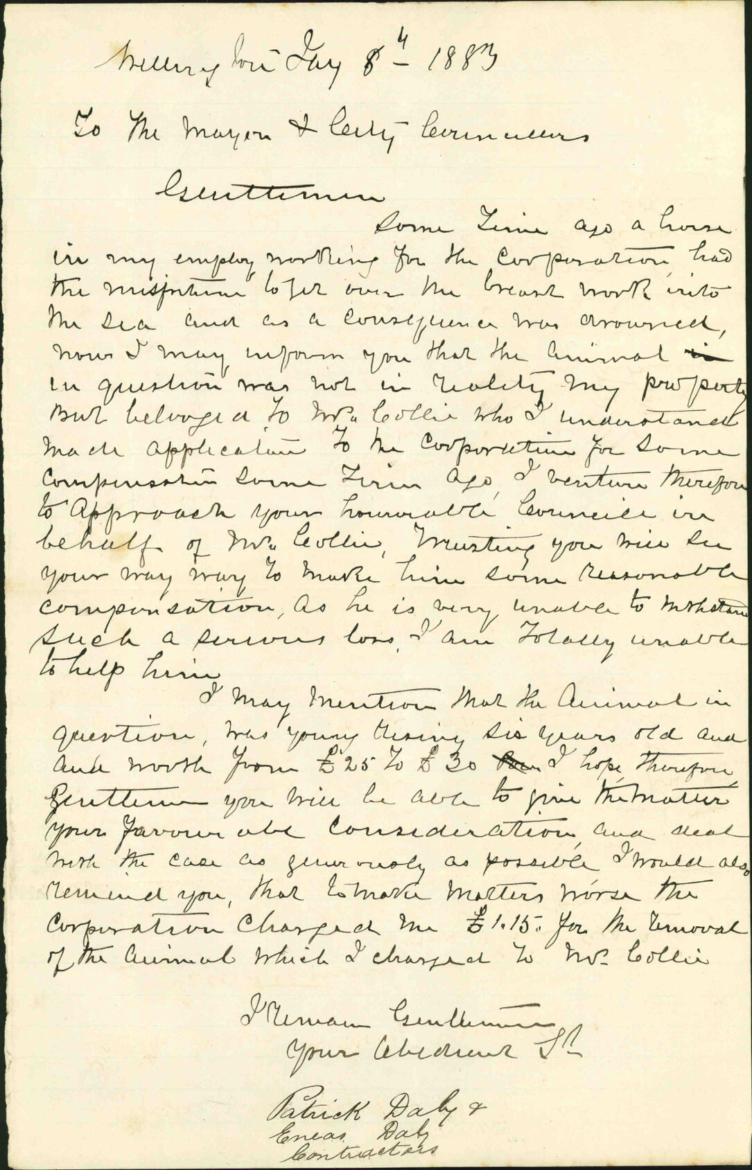 Claim in account of Colliers horse drowned - P Daly