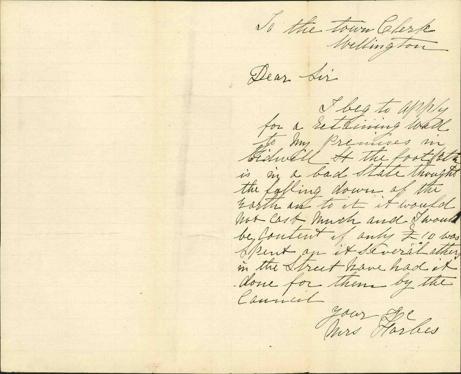 Asking for retaining wall, Bidwell Street - Mrs Forbes