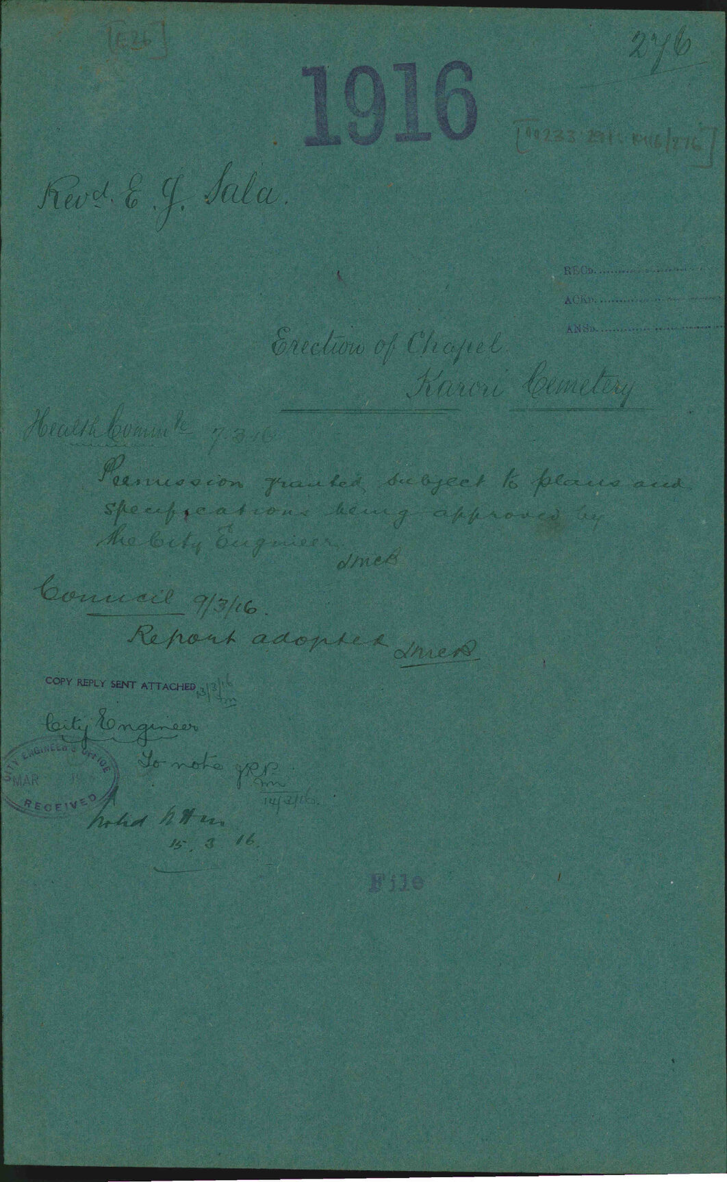 Erection of chapel, Karori Cemetery - Rev. E J Sala