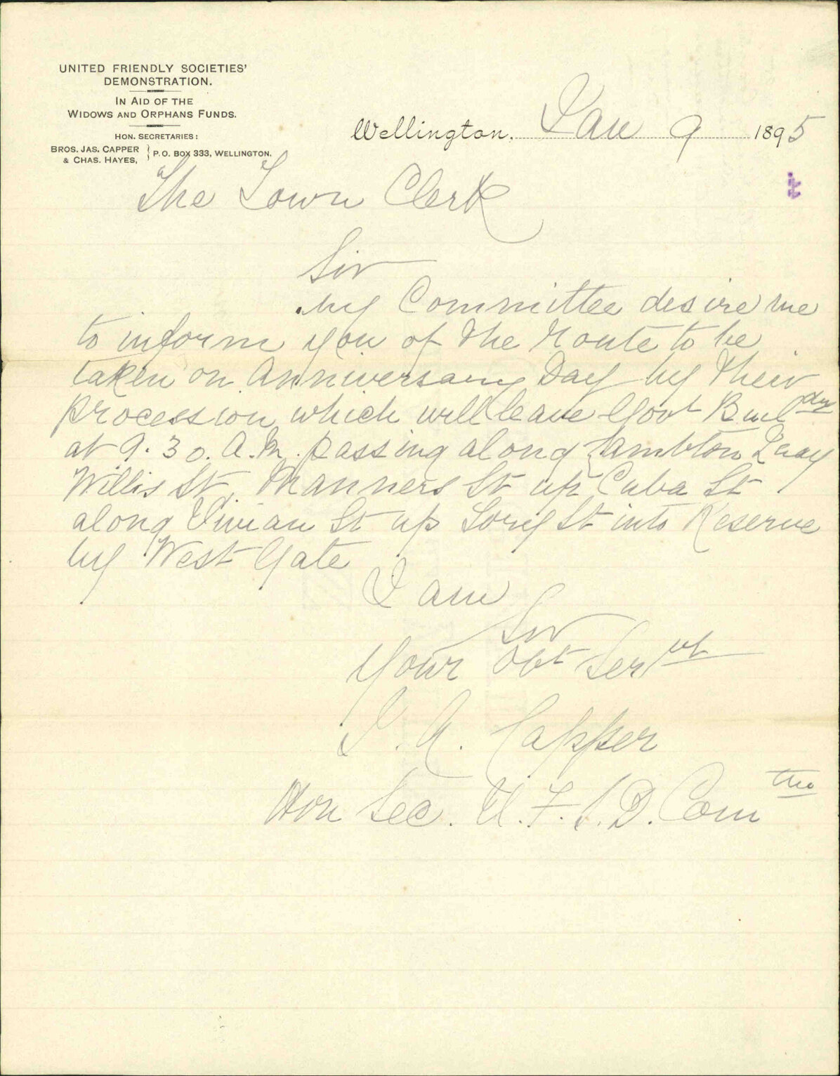 Route for procession on Anniversary Day - United Friendly Societies Demonstration