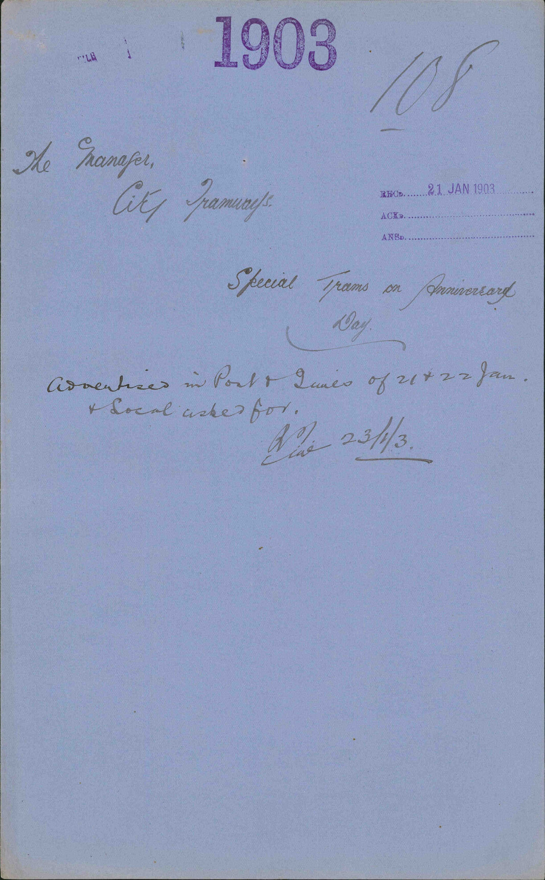 Special trams on Anniversary Day, The Manager City Tramways