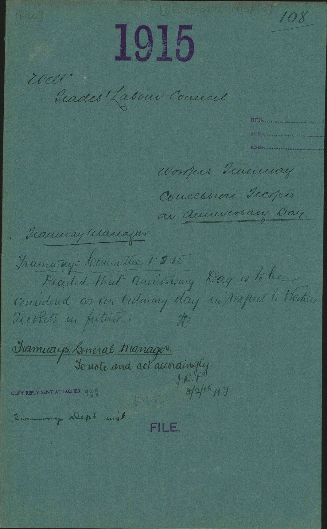 Workers Tramway Concession Tickets on Anniversary Day - Wellington Trades and Labour Council