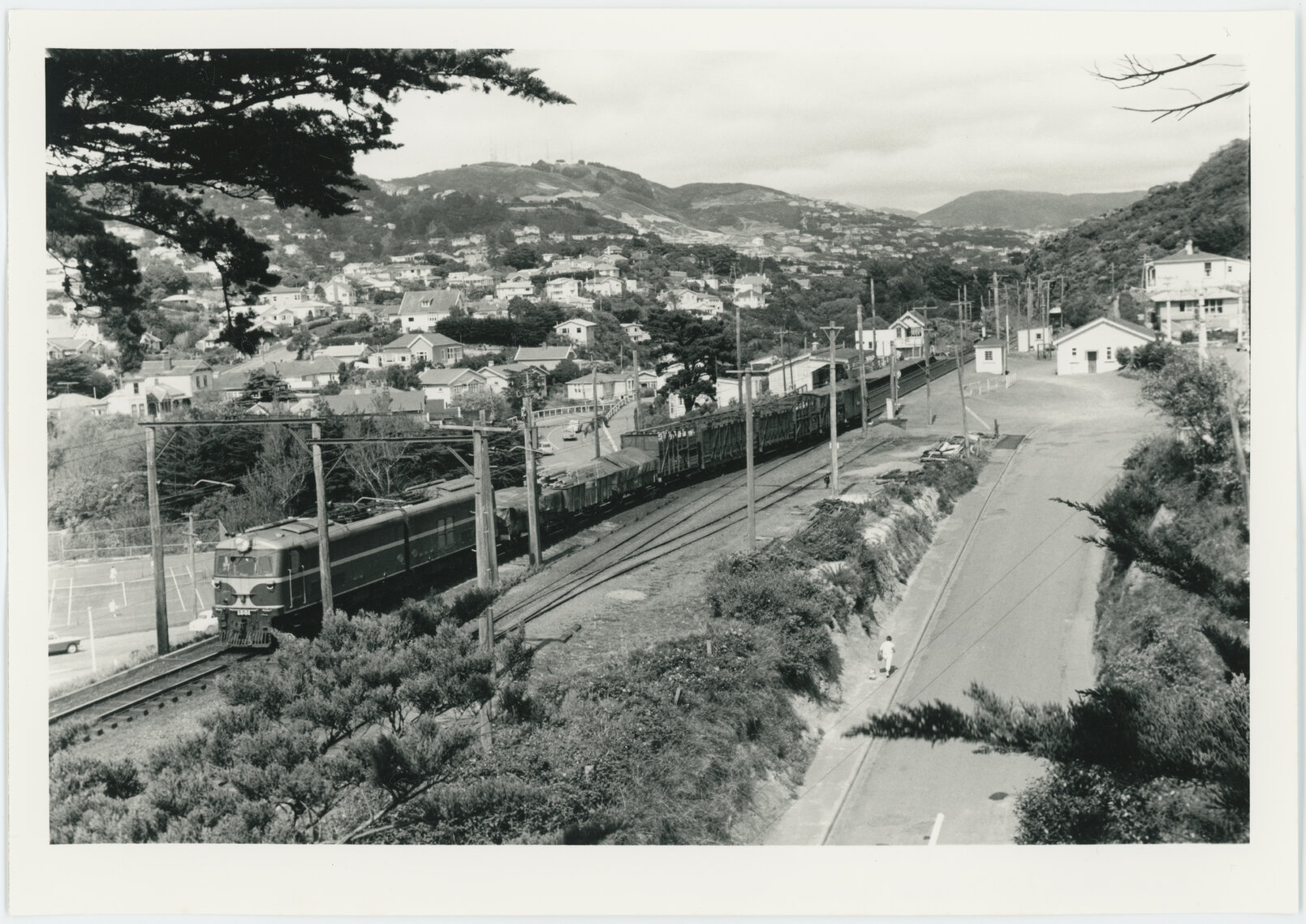 Train passing through Ngaio Railway Station, view from Collingwood Street