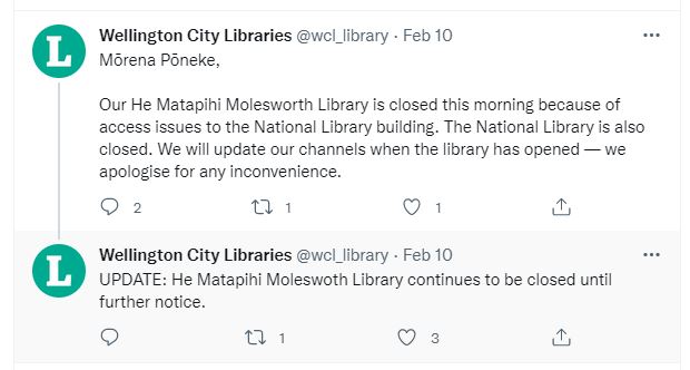 Tweets, WCL Messages about He Matapihi Molesworth Library closures during Covid-19 protest