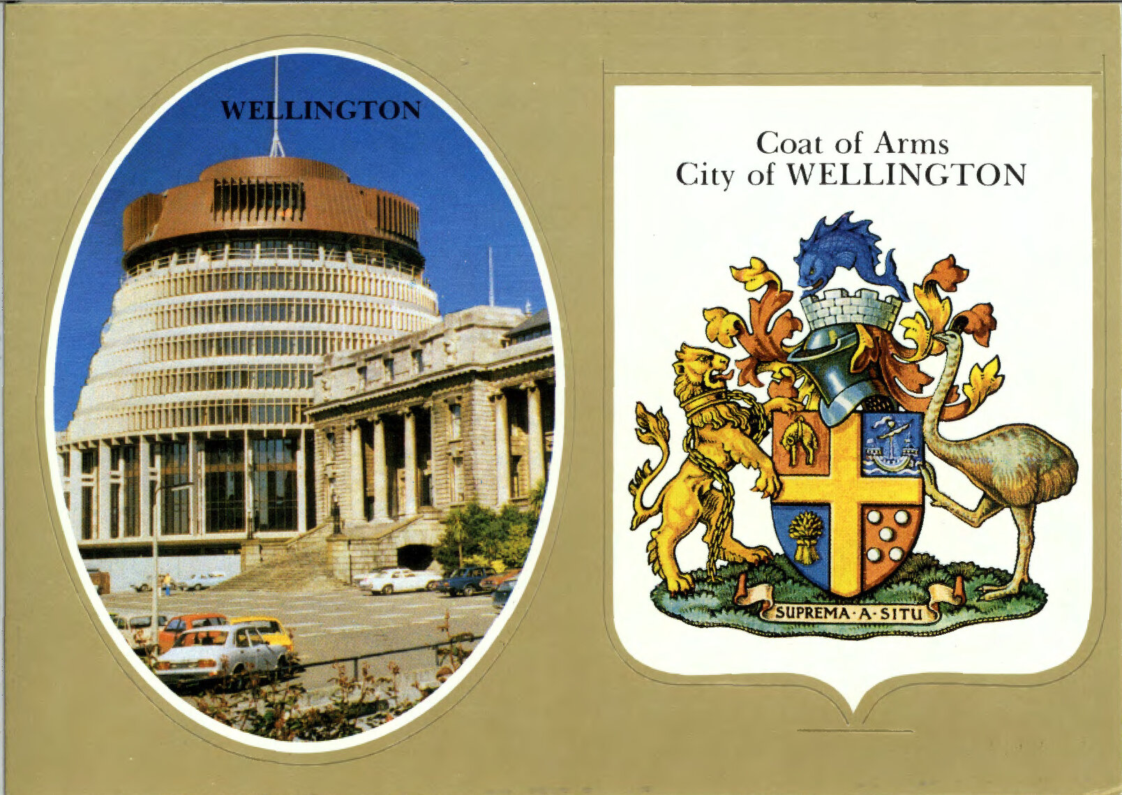 Postcard, Wellington [Beehive], Coat of Arms, City of Wellington