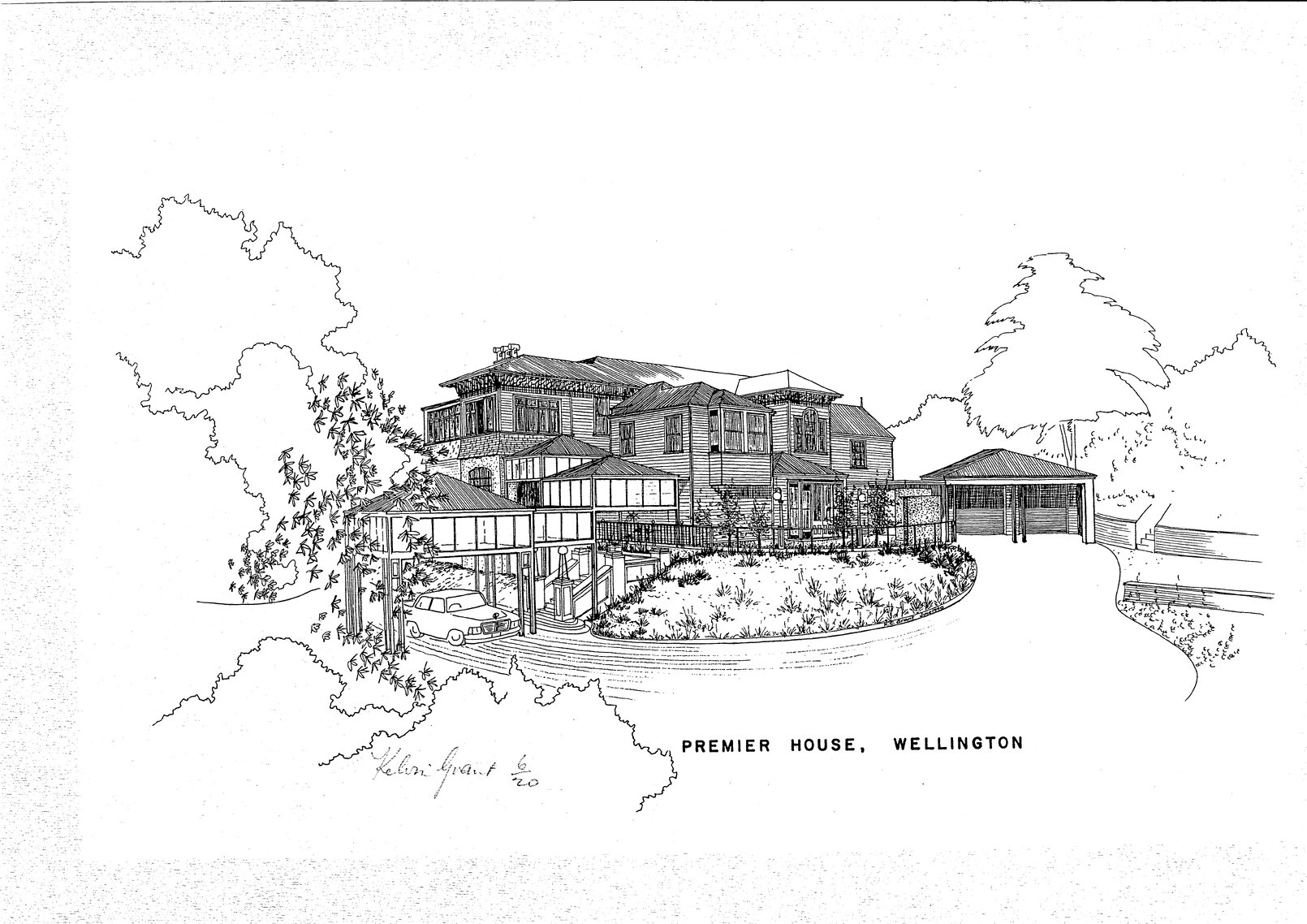 Premier House, Thorndon - black line sketch by Kelvin Grant