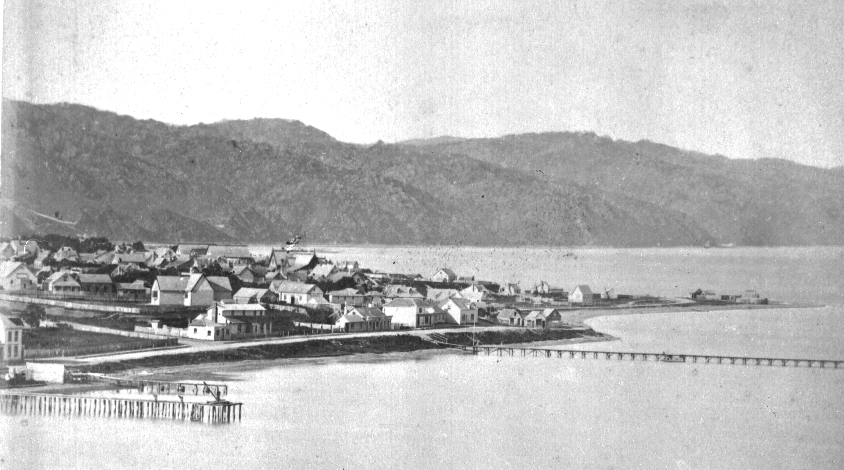 Thorndon, prior to any reclamation, looking north towards the Hutt Road