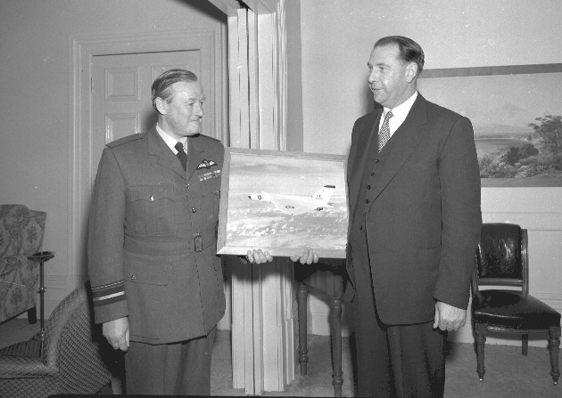 Air Marshall Davis, Deputy Flight Commander RAF, with Mayor Kitts, commemorating opening of Wellington Airport.