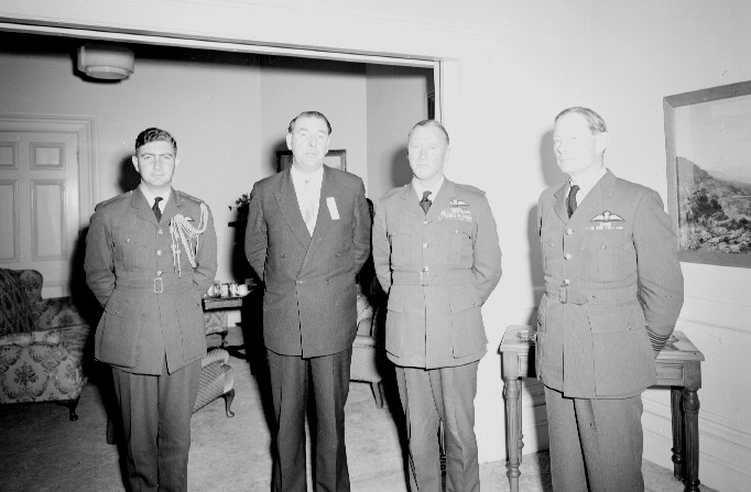 Air Chief Marshall Sir Edmund Hudleston, Commander in Chief Transport, Commander RAF (Far East?), with Mayor Kitts