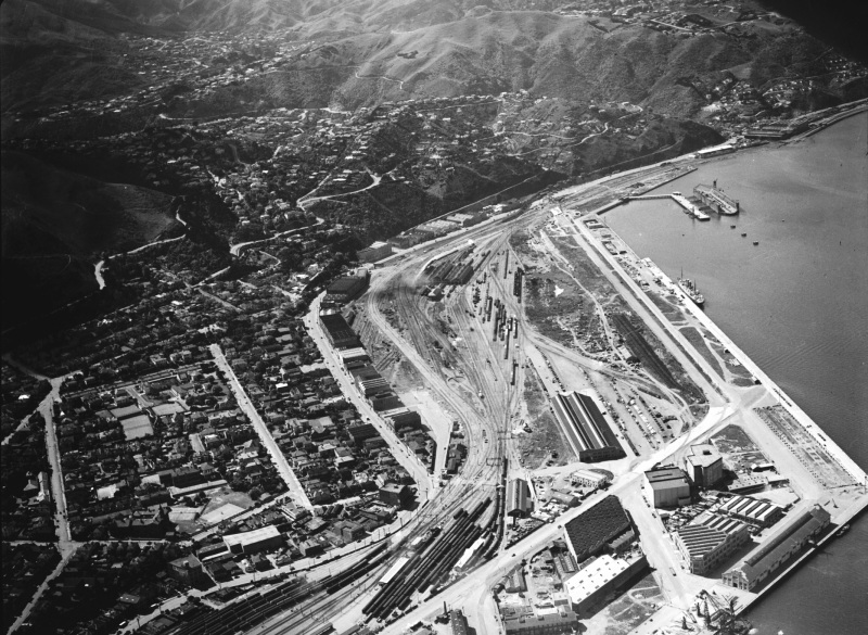 Aerial view of Thorndon flats, showing railway yards and wharf area