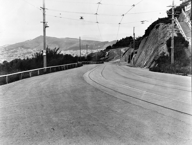 View across to Mount Victoria, tram tracks in the road. Photograph of new asphaltic concrete surface, Brooklyn Road, 1926
