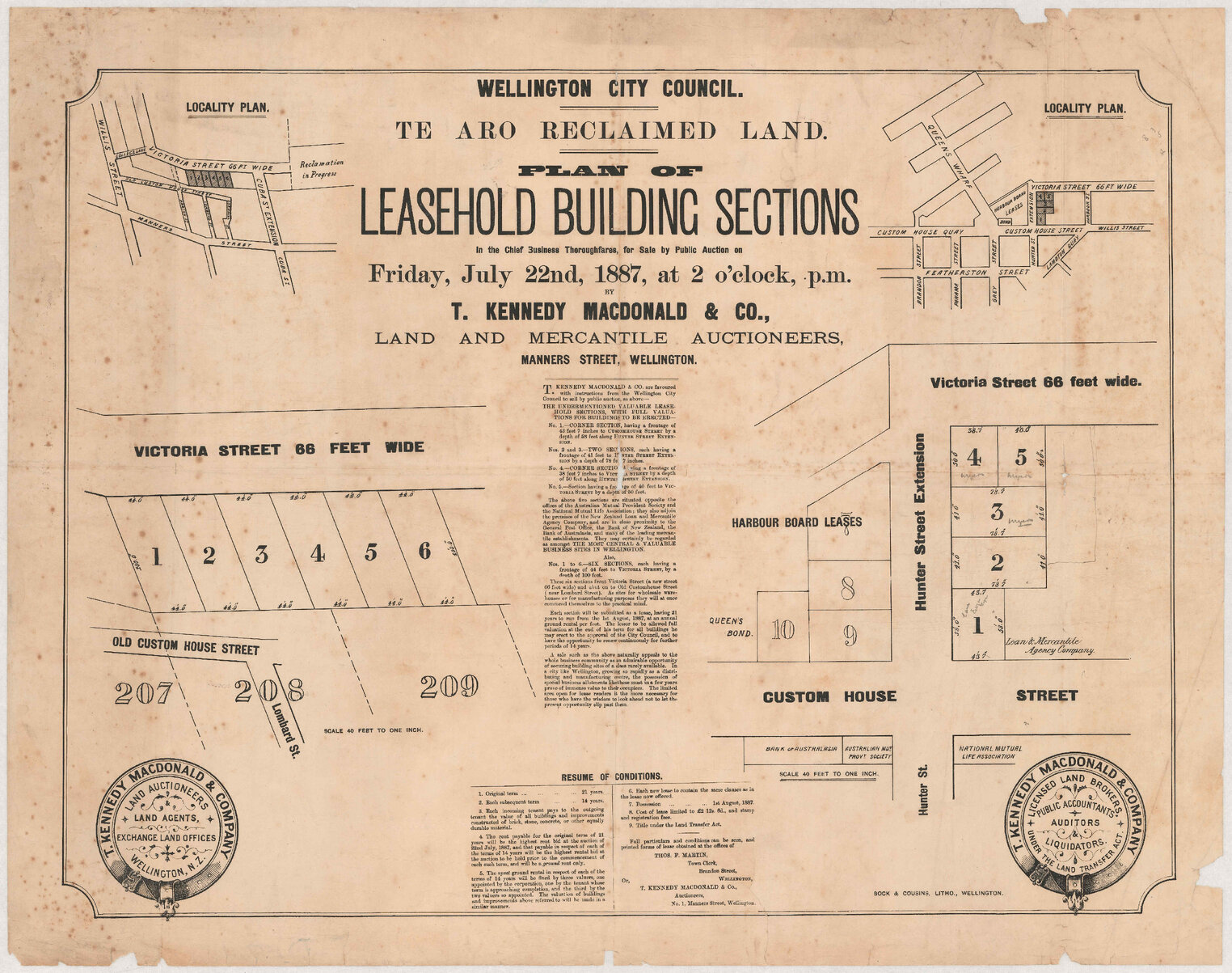 Te Aro reclaimed land, plan of leasehold building sections to be auctioned 22nd July 1887, 1887