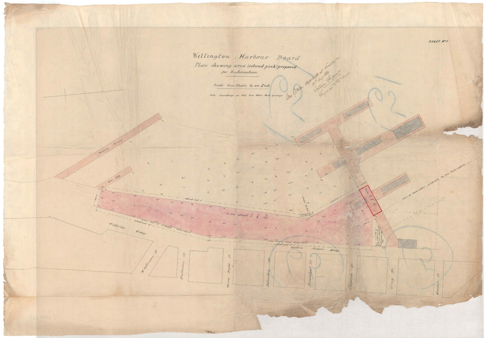 Wellington Harbour Board, area proposed for reclamation, Te Aro, Sheet 1, soundings, 1884