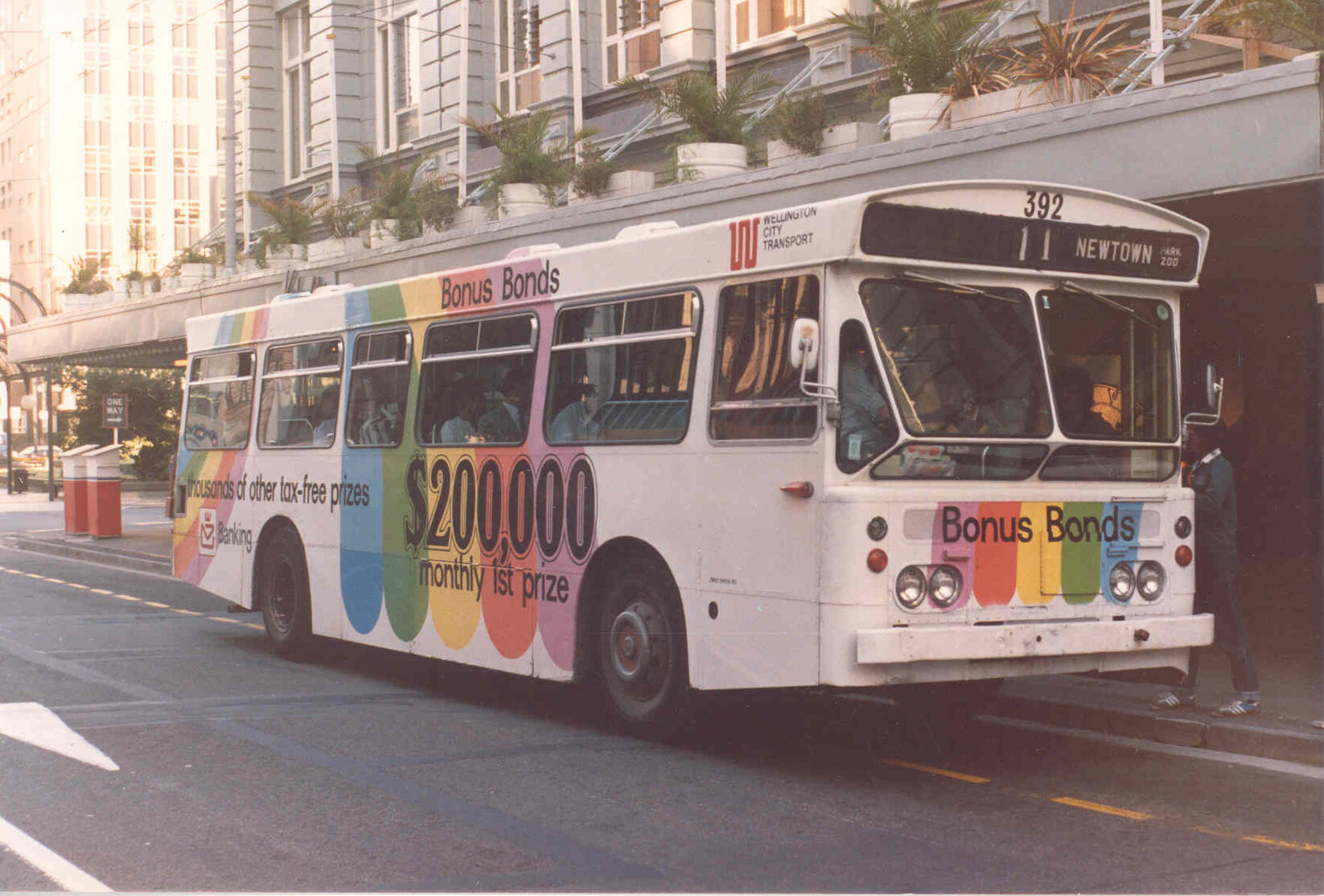 Leyland Leopard with 'Bonus Bonds' advertisment painted on