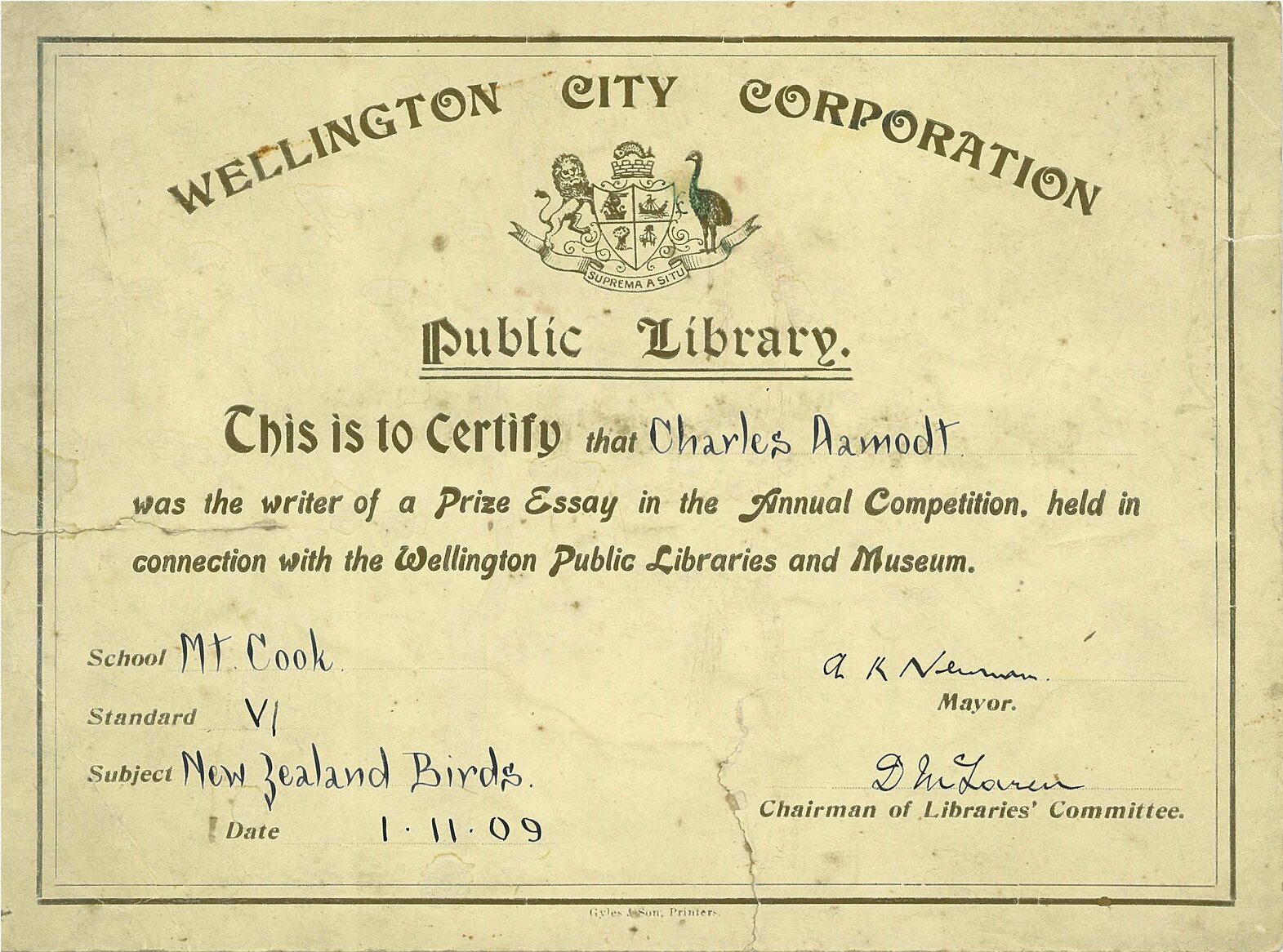 Certificate presented by the Public Library to Charles Aamodt for a prize essay in the annual competition