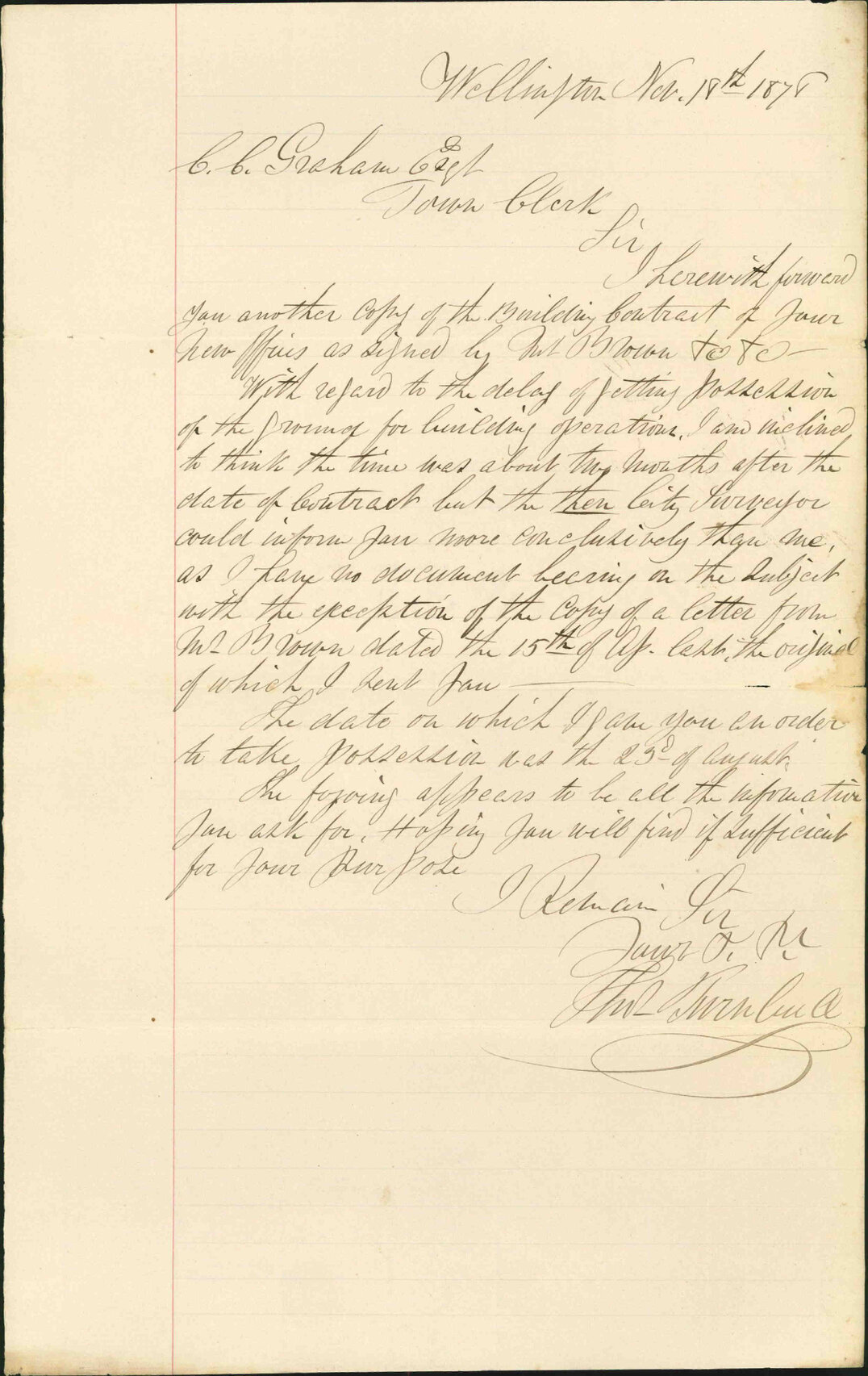 Re forwarding copy of building contract of new offices - Thomas Turnbull