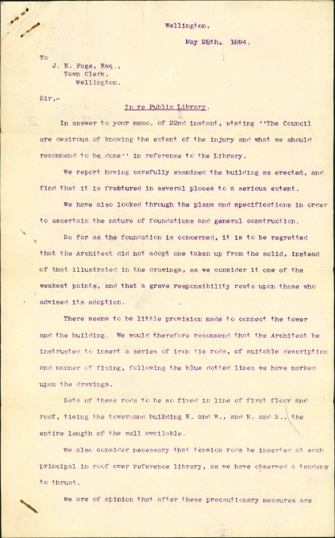 Report regarding Library - Thomas Turnbull and W C Chatfield