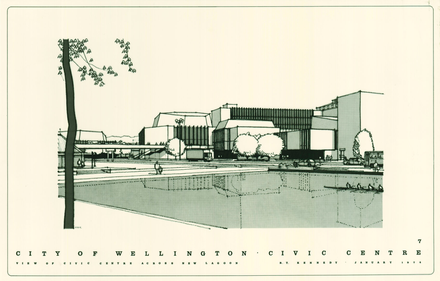 Civic Centre, plan 7, view of Civic Centre across new lagoon