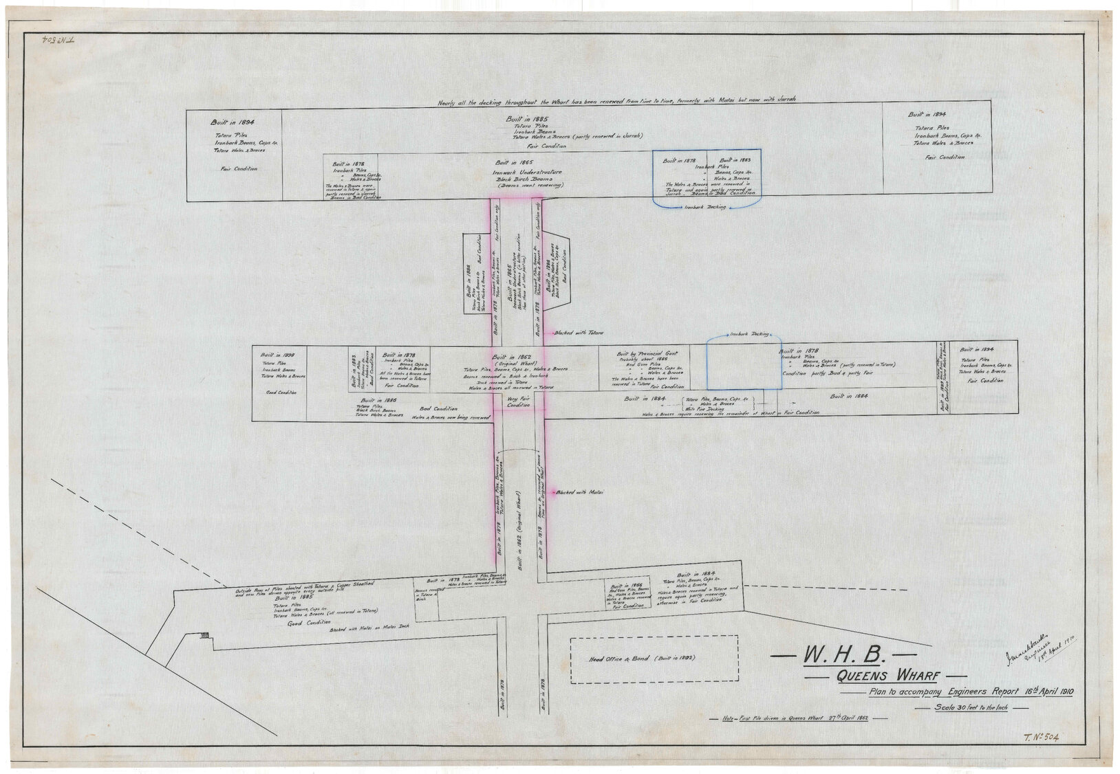 Queens Wharf Showing Dates of Construction - Plan to Accompany Eng. Report. l6.4.10