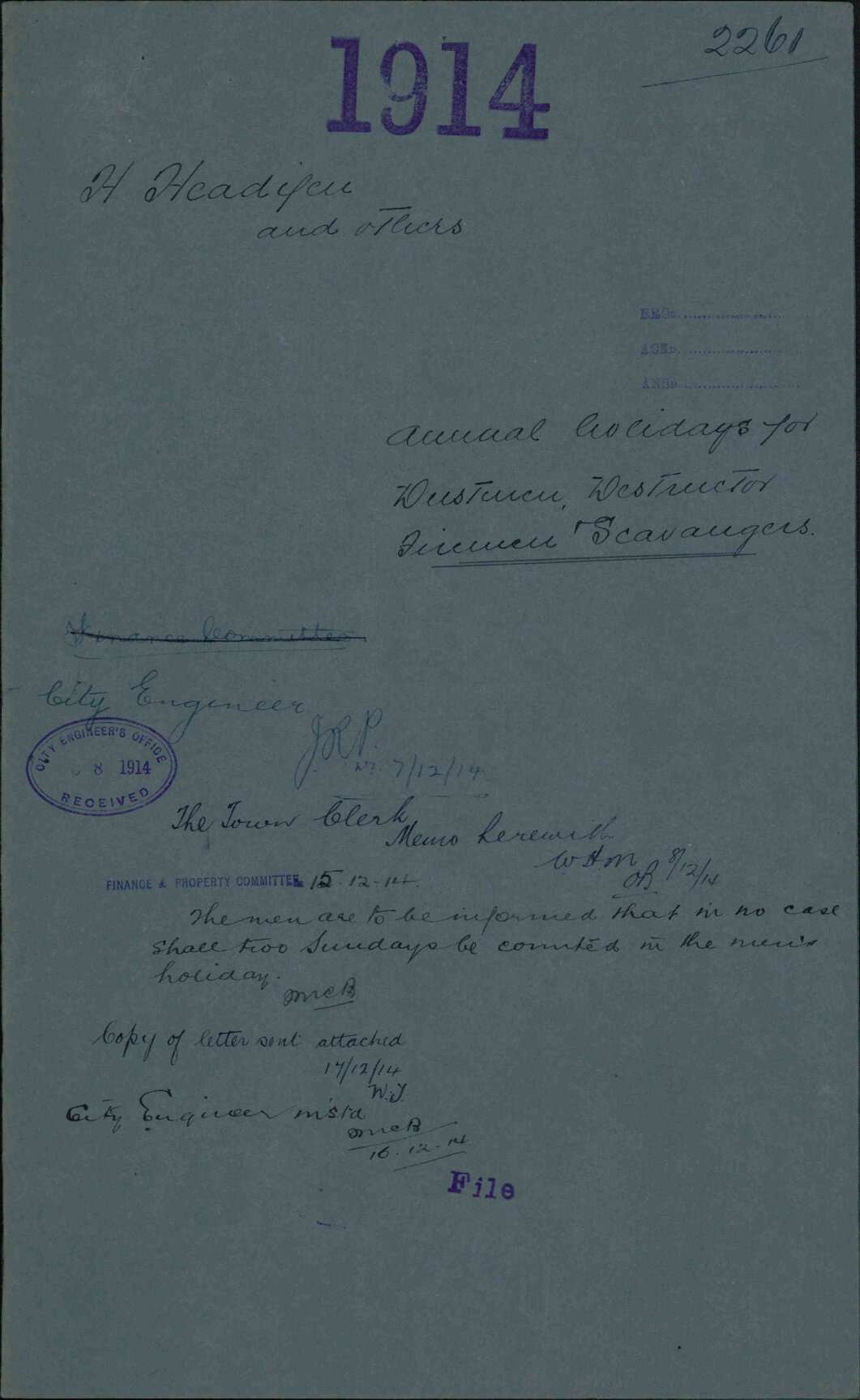 Annual holidays for Dustmen, Destructor Firemen and Scavengers - H Headifen and others