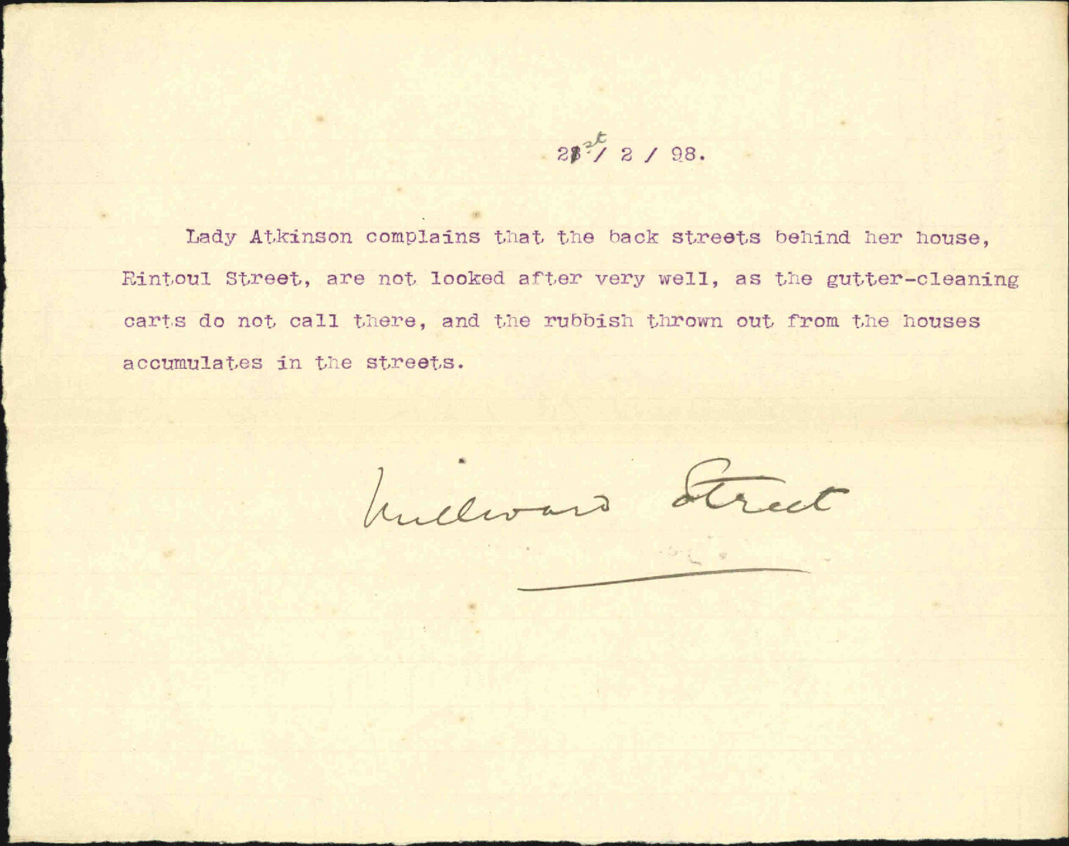 Asking scavengers to visit streets near her residence - Lady Atkinson