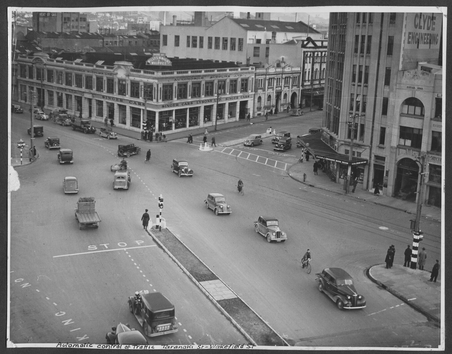 Elevated view of automatic control of traffic at the intersection of Taranaki Street and Wakefield Street