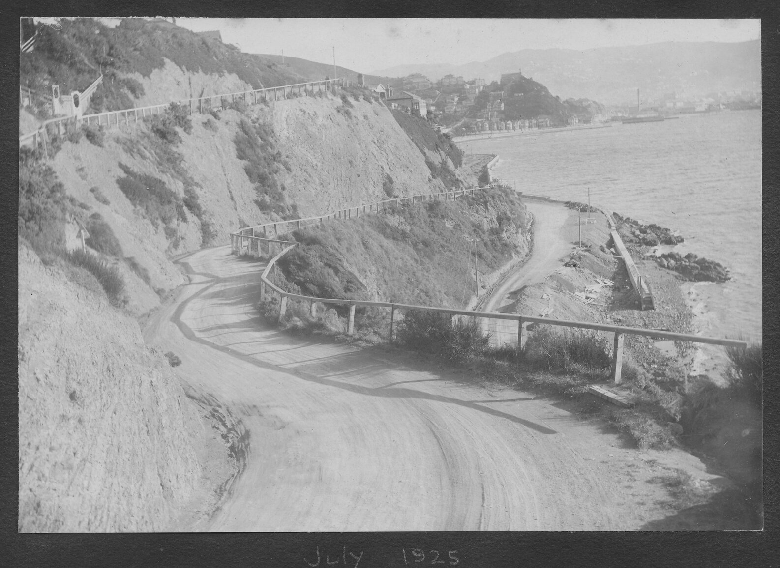 Elevated view of intersection of Carlton Gore Road and Oriental Parade. The seawall is in process of being built.