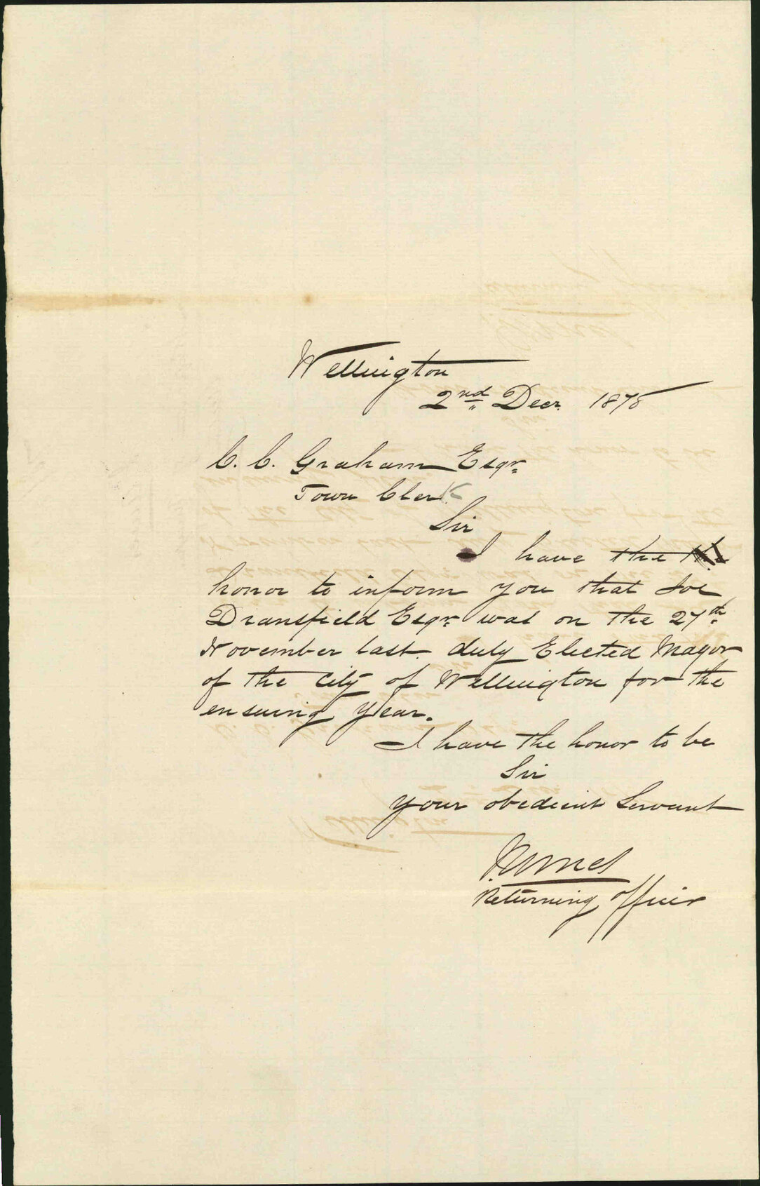 Notifying Council of Dransfield's re-election as Mayor - Returning Officer