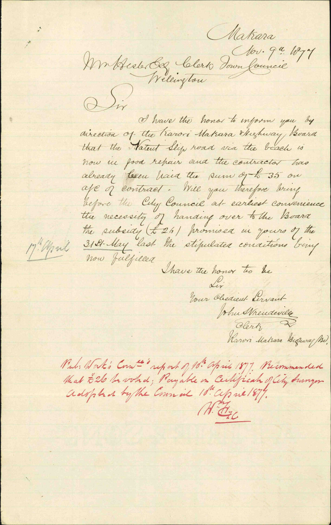 Memo to Town Clerk re Patent Slip Road, also letter from Karori Makara Highway Board 9/11/77 - J Baird, City Engineer