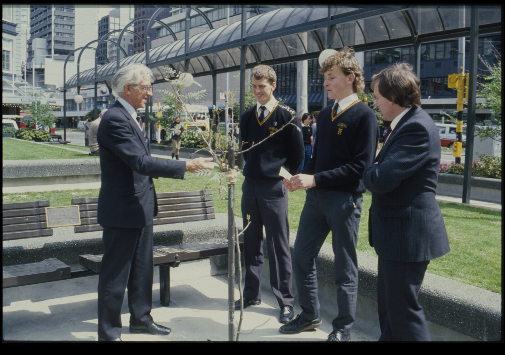 Midland Park, Rongotai Boys Interact Club presenting cheque for seat Councillor Spry, Depute Mayor Wilson, Nanson and Galloway