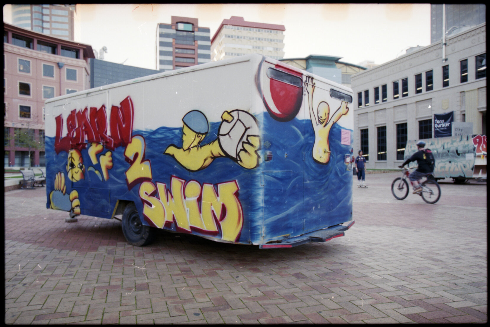 Caravans with graffiti in Civic Square
