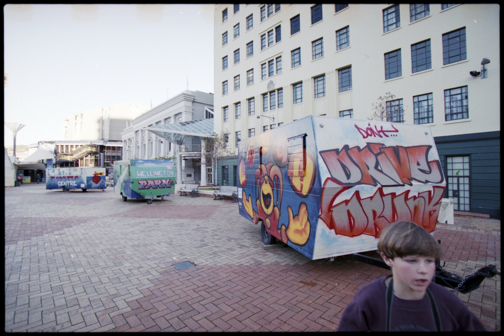 Caravans with graffiti in Civic Square
