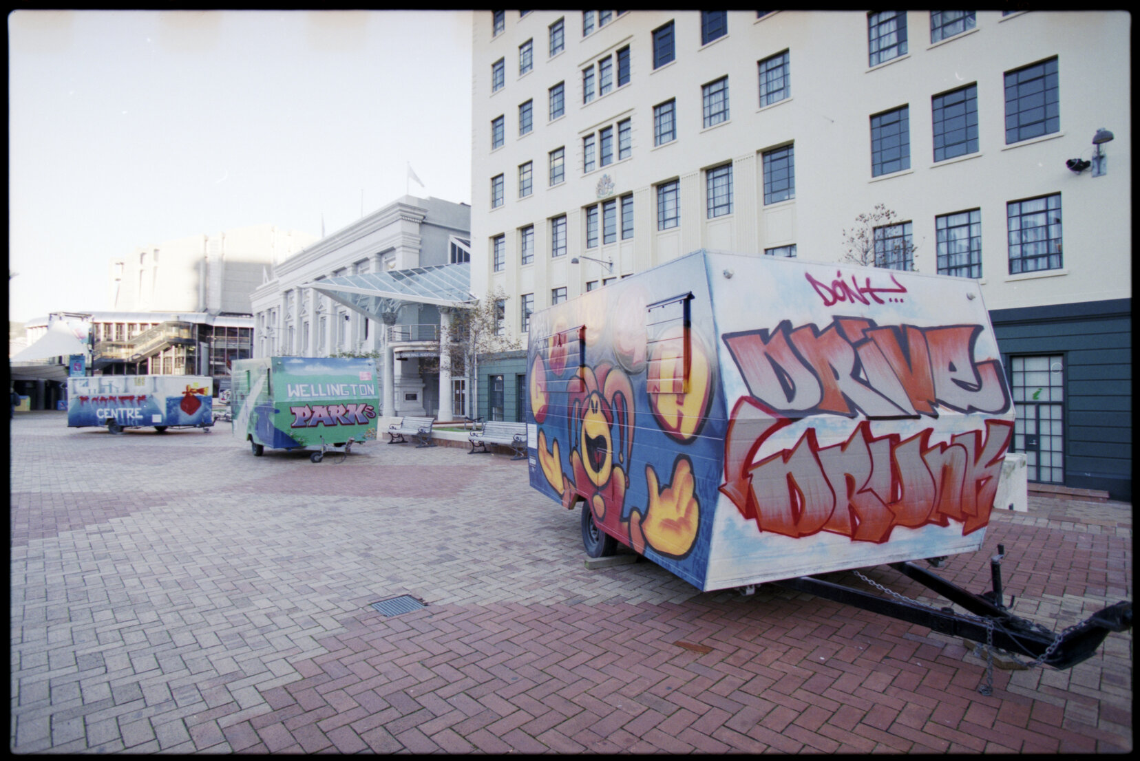 Caravans with graffiti in Civic Square
