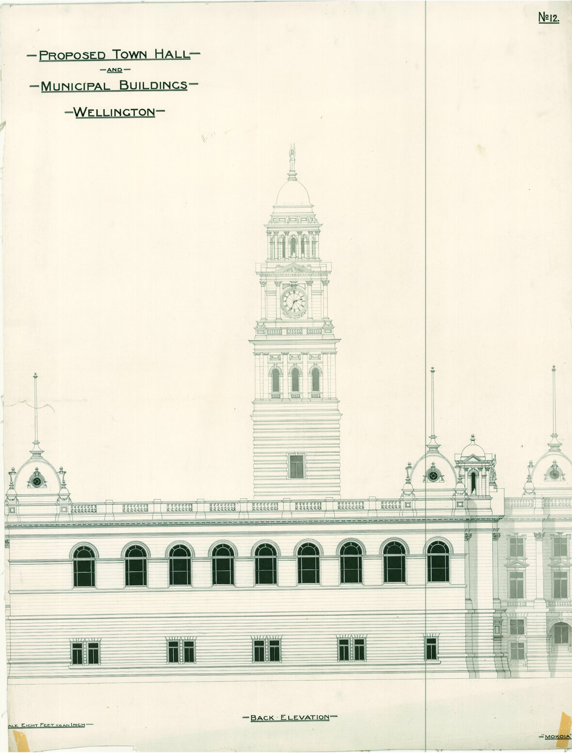 Wellington Town Hall and Municipal Offices Design Competition, Thomas Turnbull and Son design, back elevation