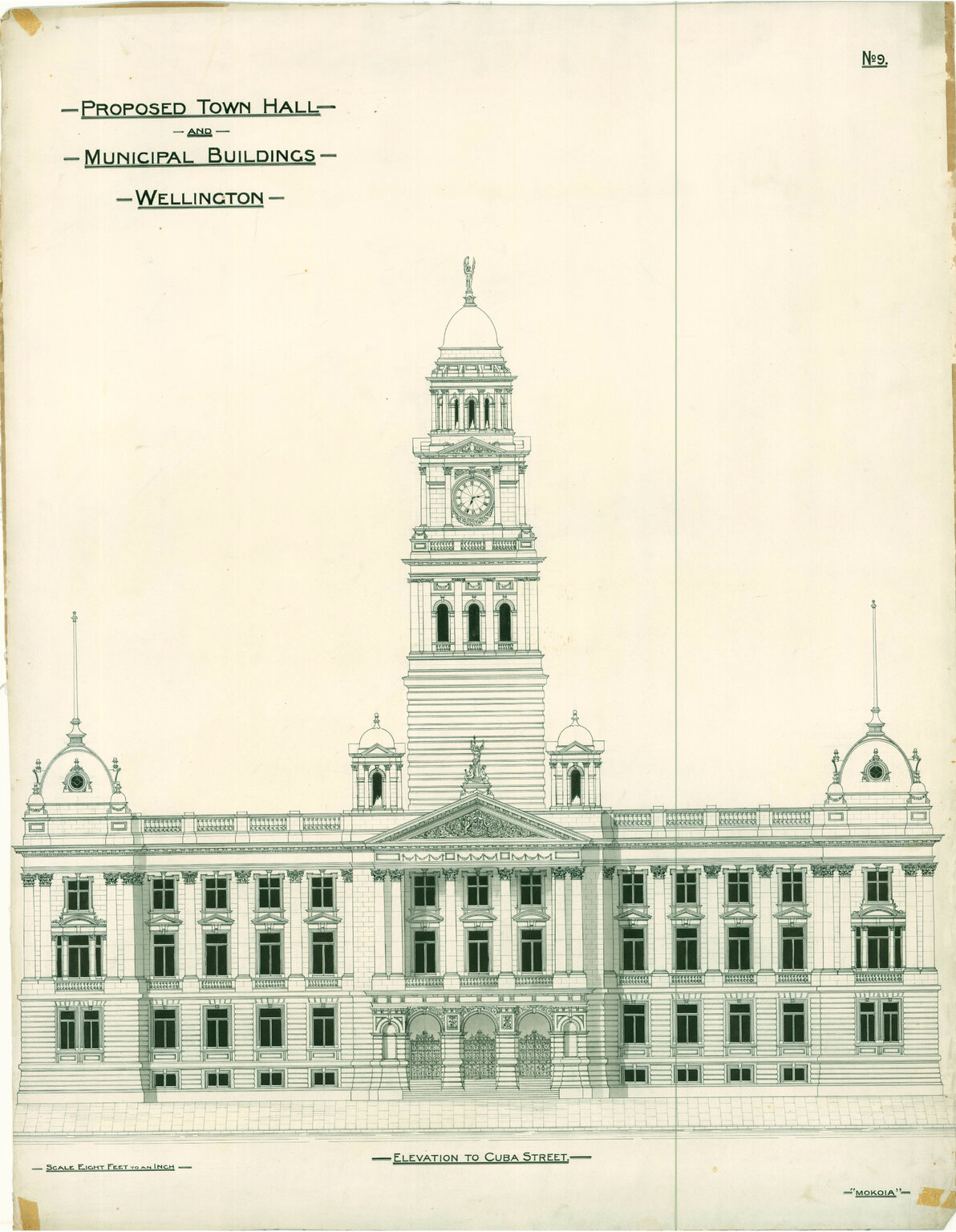 Wellington Town Hall and Municipal Offices Design Competition, Thomas Turnbull and Son design, elevation to Cuba Street