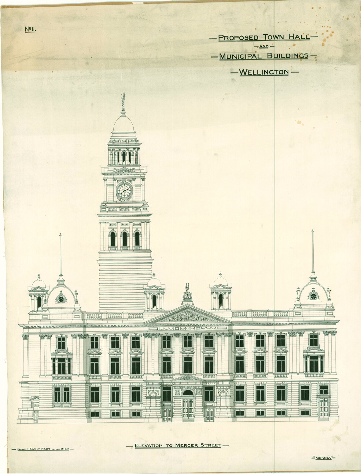 Wellington Town Hall and Municipal Offices Design Competition, Thomas Turnbull and Son design, elevation to Mercer Street