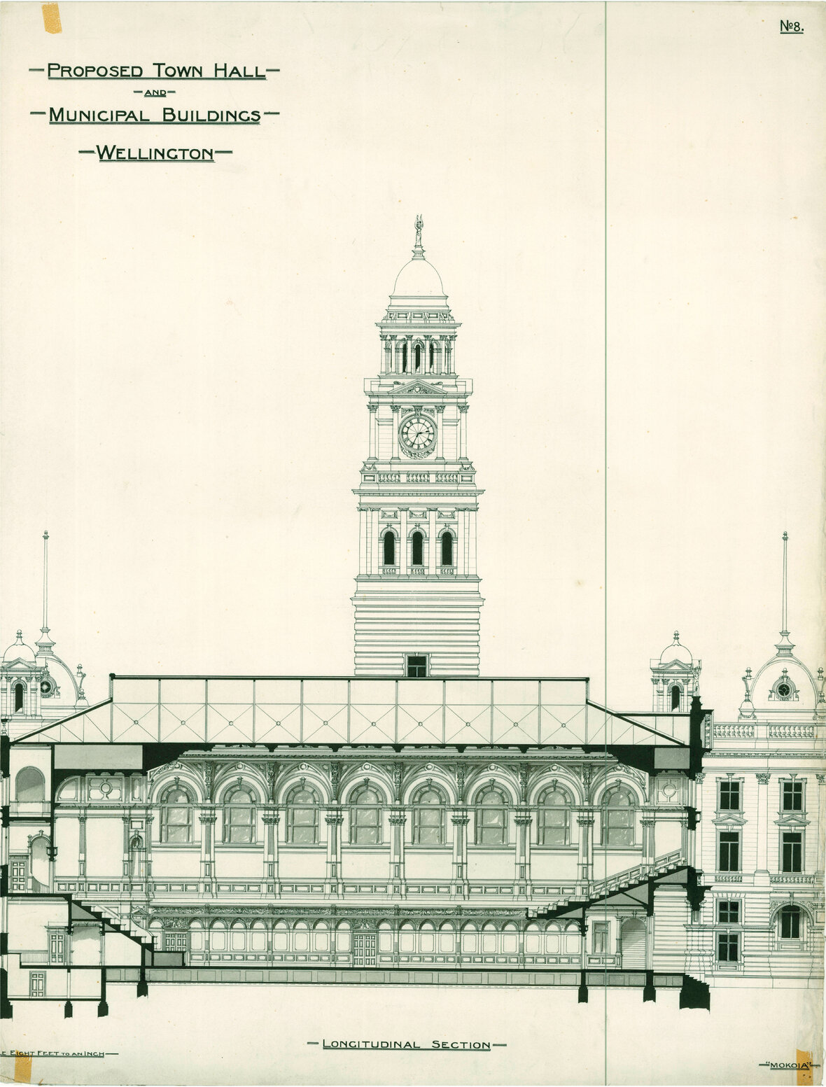 Wellington Town Hall and Municipal Offices Design Competition, Thomas Turnbull and Son design, longitudinal section