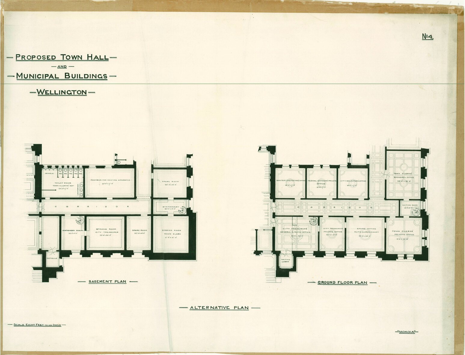 Wellington Town Hall and Municipal Offices Design Competition, Thomas Turnbull and Son design, alternative plan - basement and ground floor