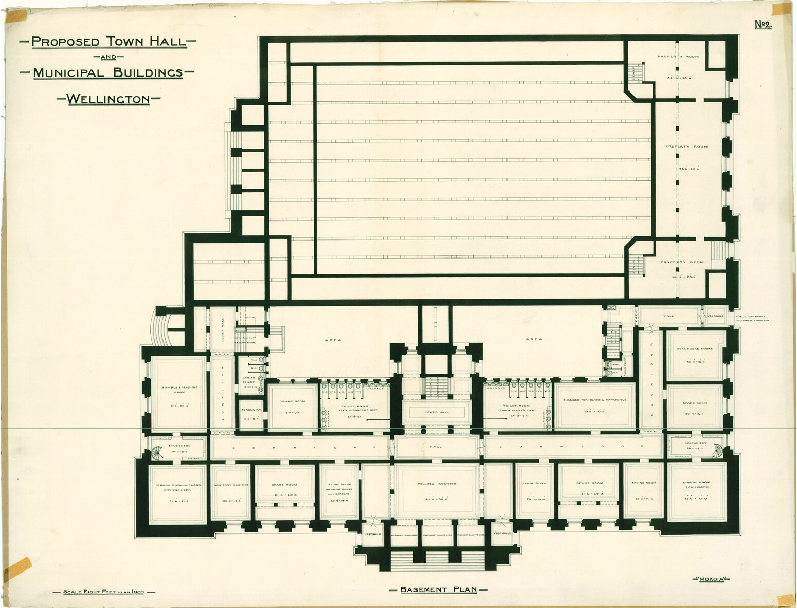Wellington Town Hall and Municipal Offices Design Competition, Thomas Turnbull and Son design, basement plan