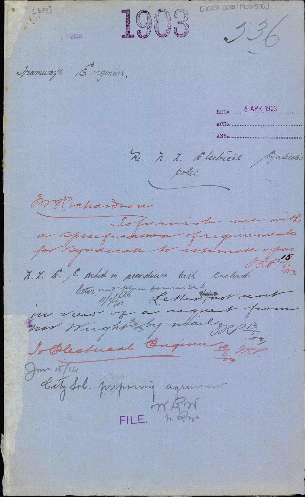 Re NZ Electrical Syndicate poles, Tramways Engineer