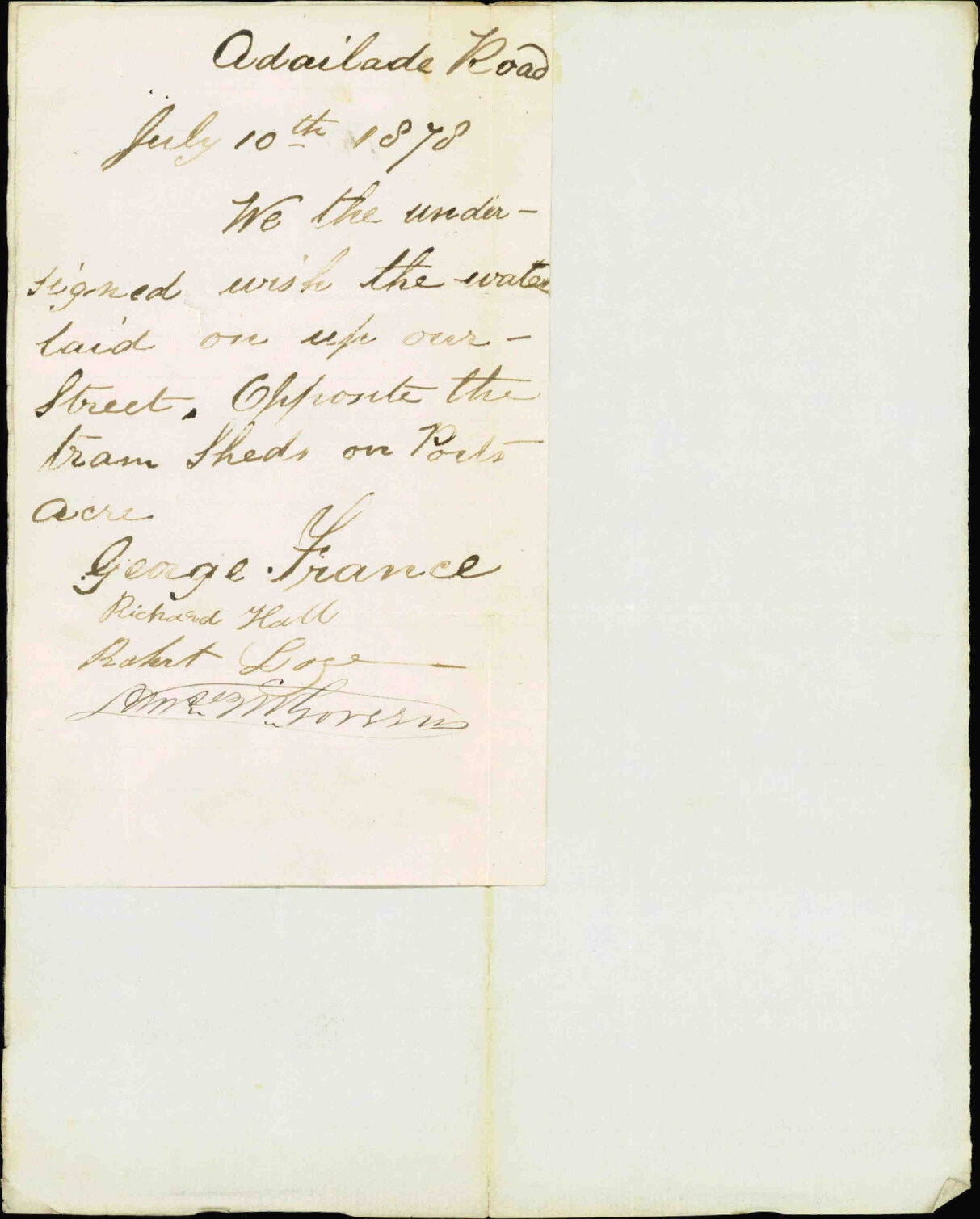 Re application for water service to Adelaide Road - George France and others