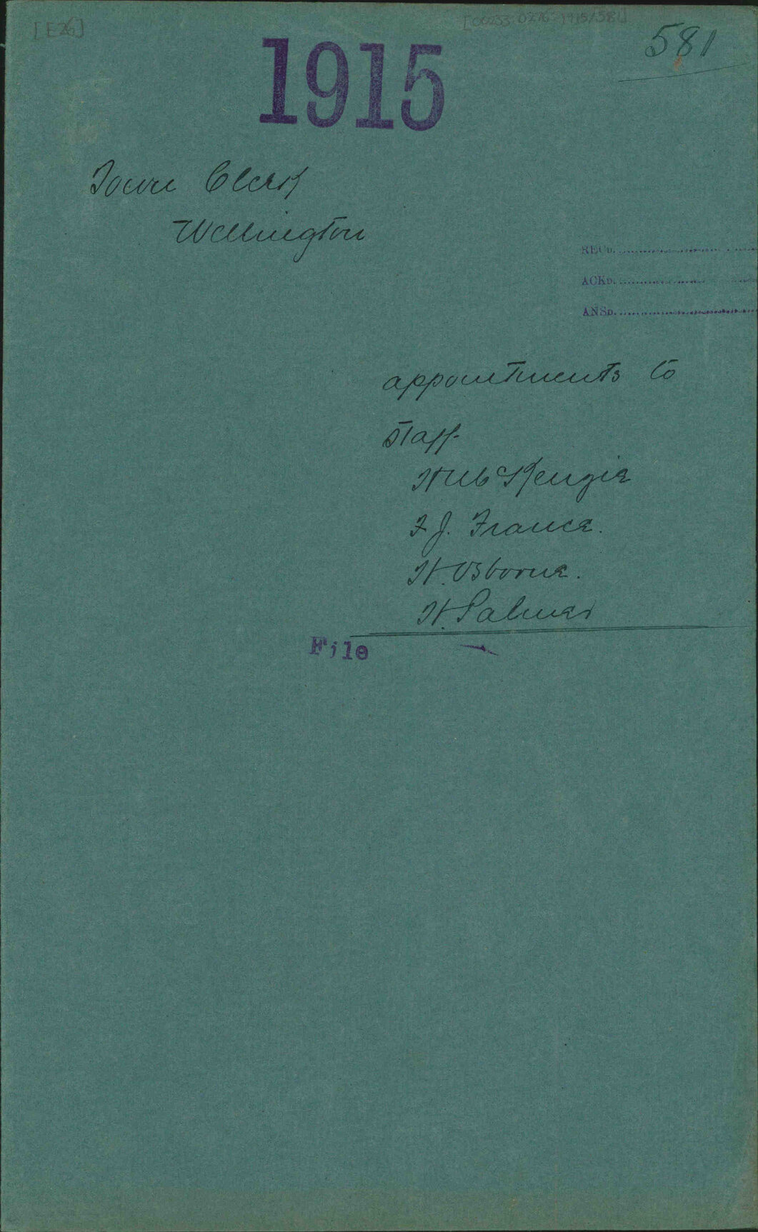 Appointments to staff, H McKenzie, F J France, H Osborne, H Palmer - Town Clerk, Wellington